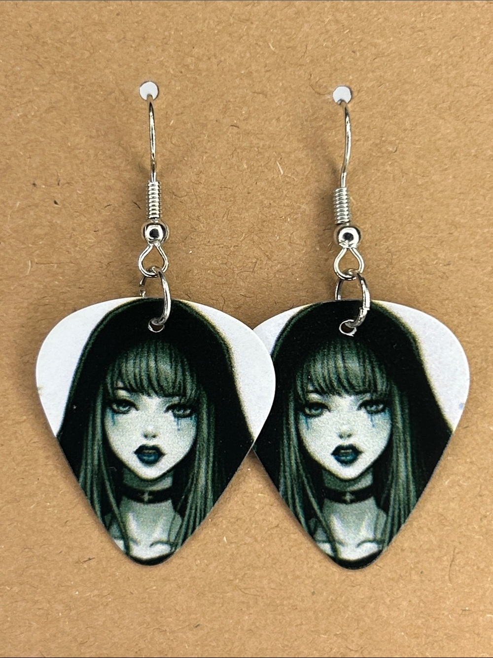 Dark Gothic Portrait Custom Guitar Pick Earrings White and Black Fashion Jewelry